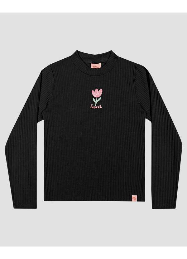 Blusa Infantil Manga Longa Canelada com Estampa Preto