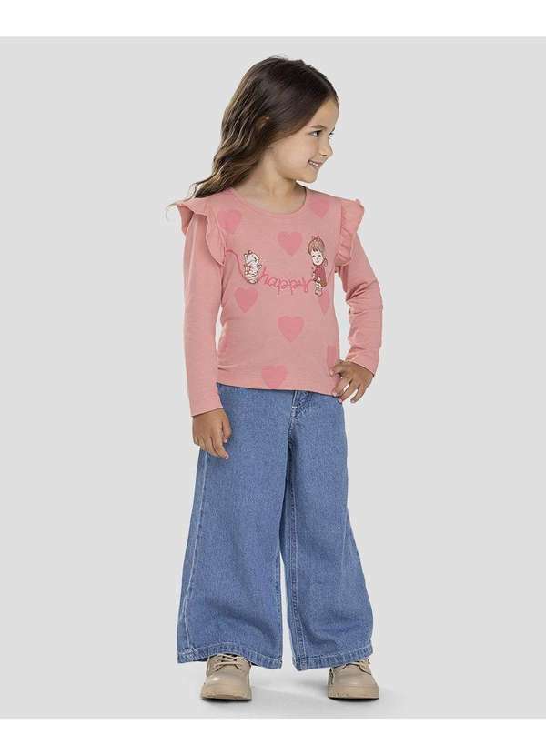 Blusa Infantil Menina Manga Longa com Babado Rosa
