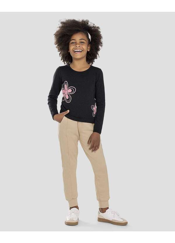 Blusa Infantil Menina Manga Longa com Estampa Flor Preto