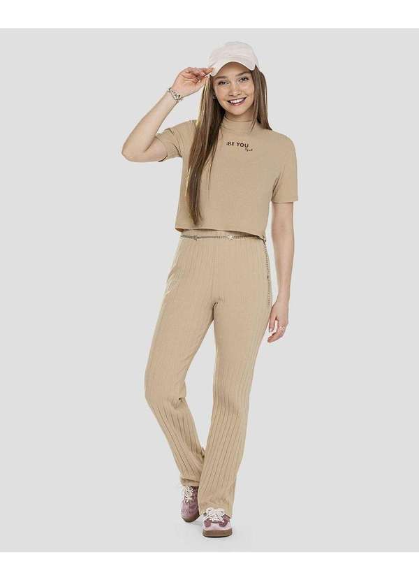 Blusa Juvenil Feminina Canelada com Estampa Bege
