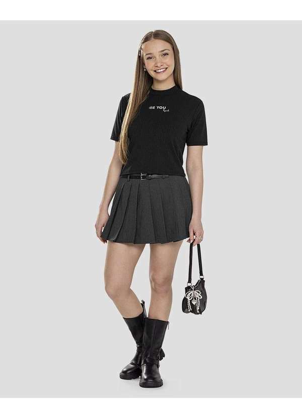 Blusa Juvenil Feminina Canelada com Estampa Preto