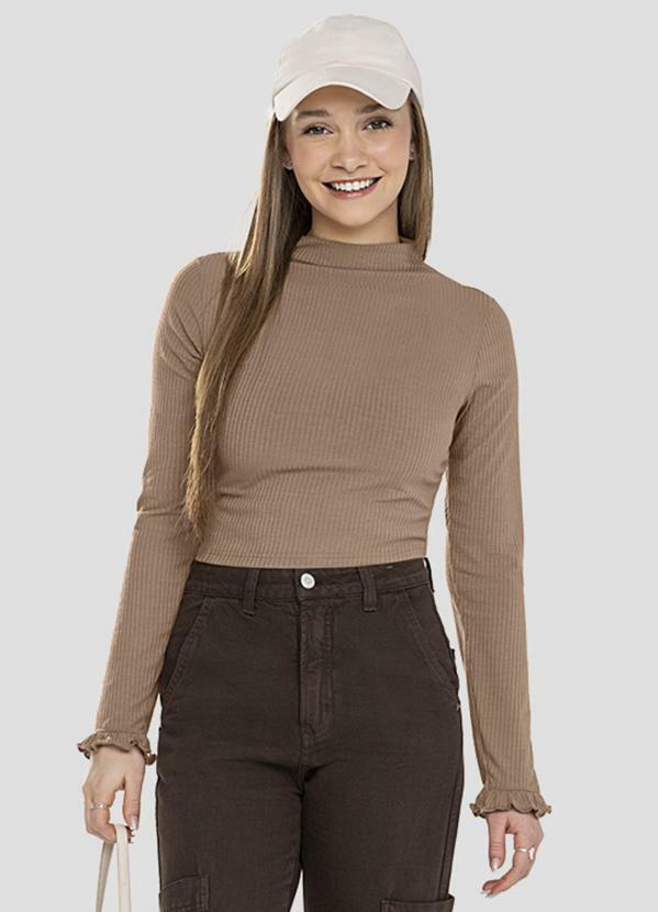 Blusa Juvenil Manga Longa Canelada Marrom