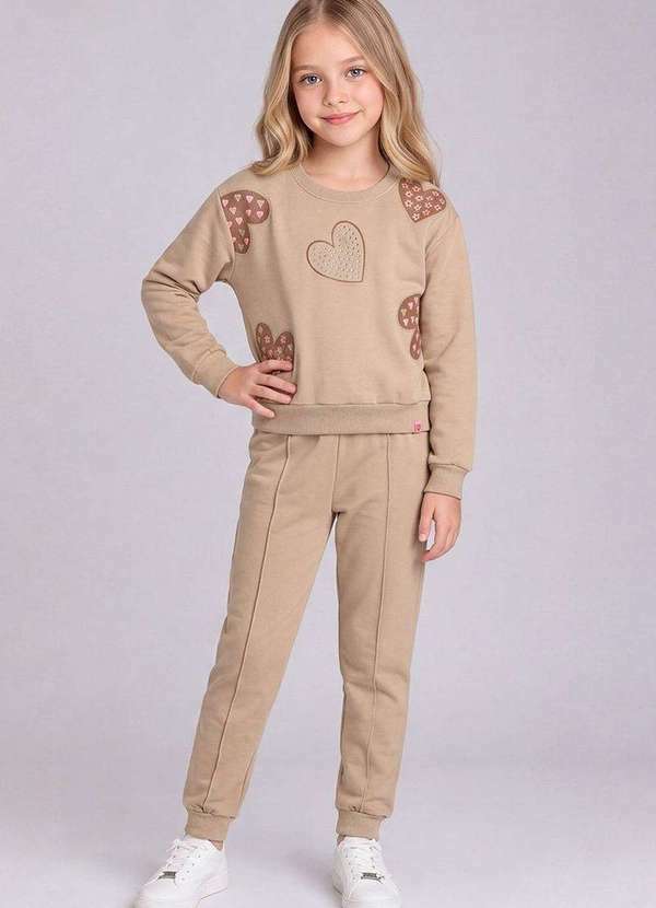 Conjunto Infantil Menina Blusão e Calça em Moletom Bege