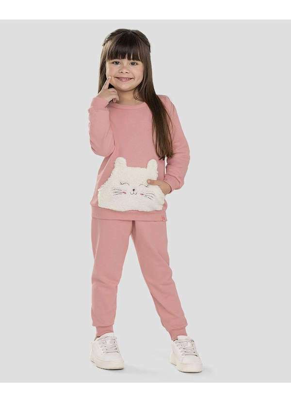 Conjunto Infantil Menina Blusão e Calça em Moletom Rosa