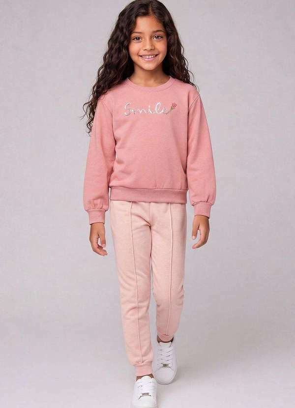 Conjunto Infantil Menina Blusão e Calça em Moletom Rosa