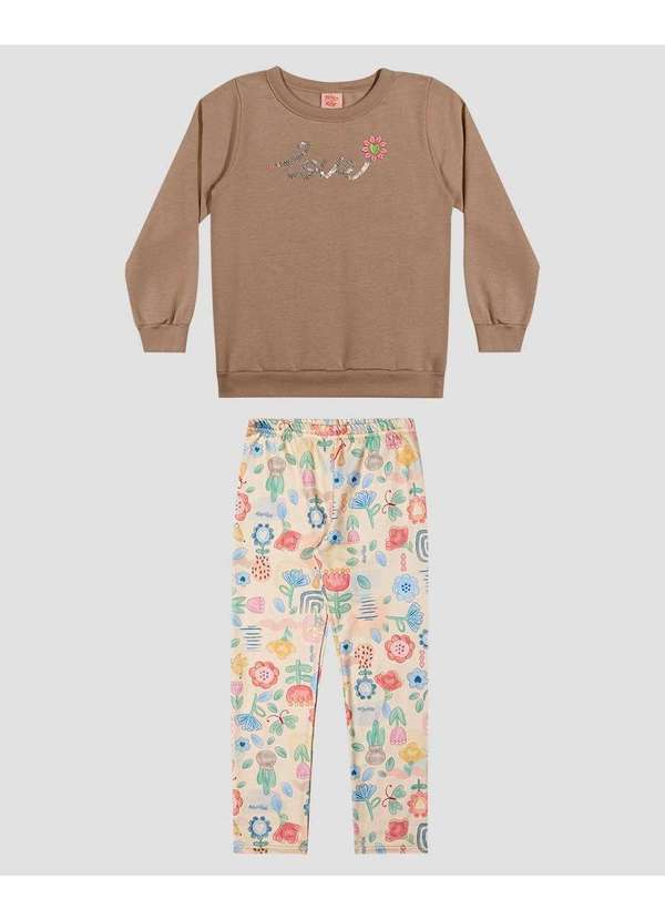Conjunto Infantil Menina Blusão e Legging Estampada Marrom