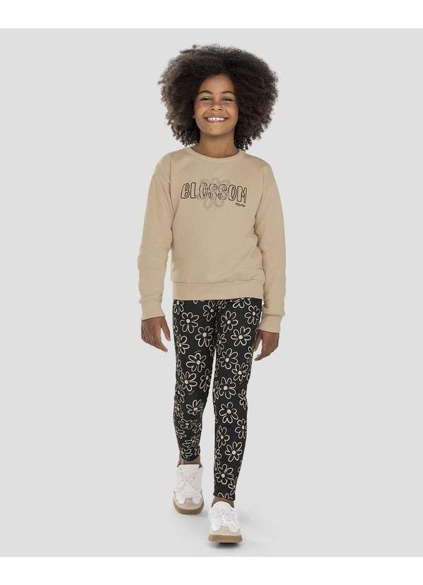 Conjunto Infantil Menina Blusão e Legging Floral Bege