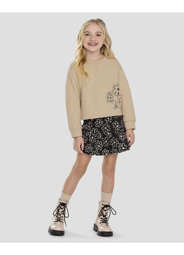 Conjunto Infantil Menina Blusão e Saia Estampada Bege