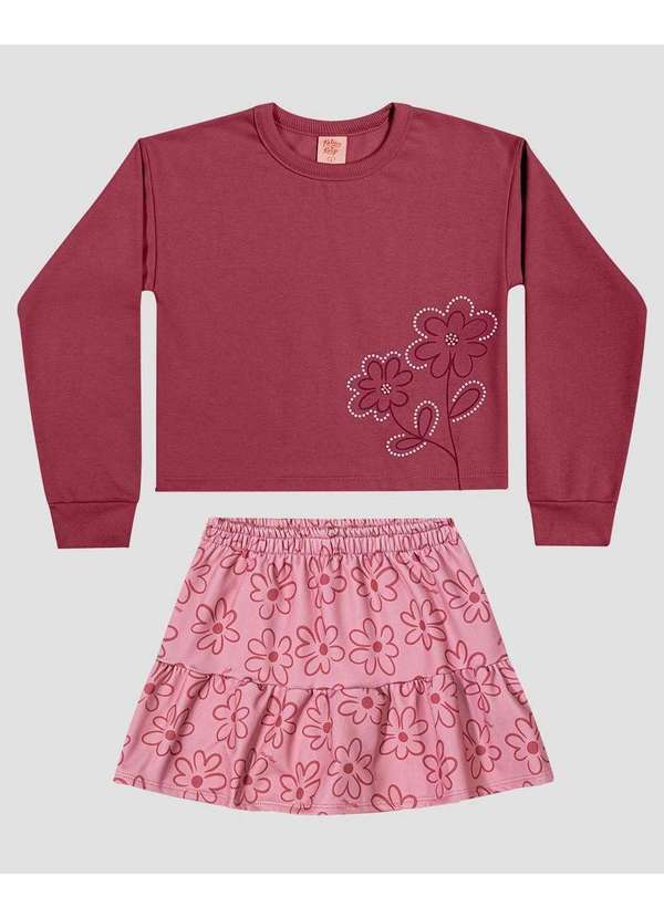 Conjunto Infantil Menina Blusão e Saia Estampada Bordô