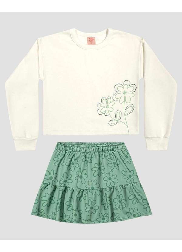 Conjunto Infantil Menina Blusão e Saia Estampada Branco