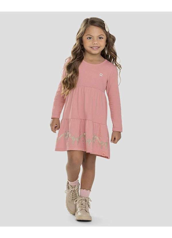 Vestido Infantil Manga Longa com Babados Rosa