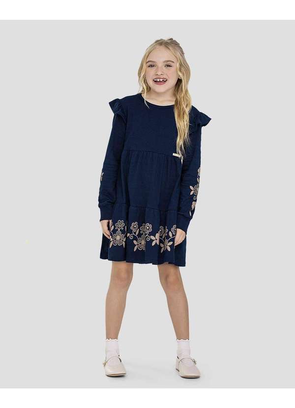 Vestido Infantil Manga Longa com Estampa e Babado Azul