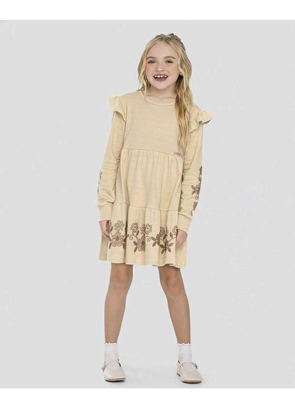 Vestido Infantil Manga Longa com Estampa e Babado Bege