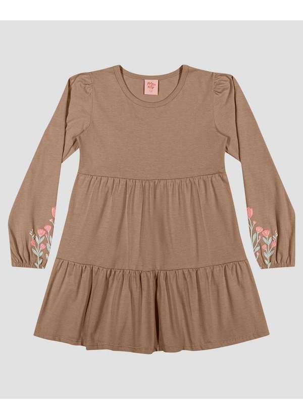 Vestido Infantil Manga Longa em Meia Malha com Estampa Marrom