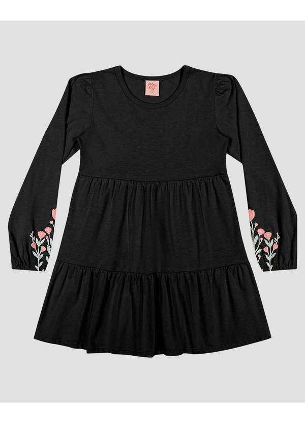 Vestido Infantil Manga Longa em Meia Malha com Estampa Preto