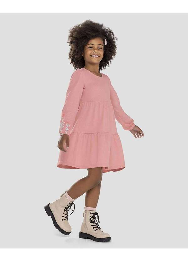 Vestido Infantil Manga Longa em Meia Malha com Estampa Rosa