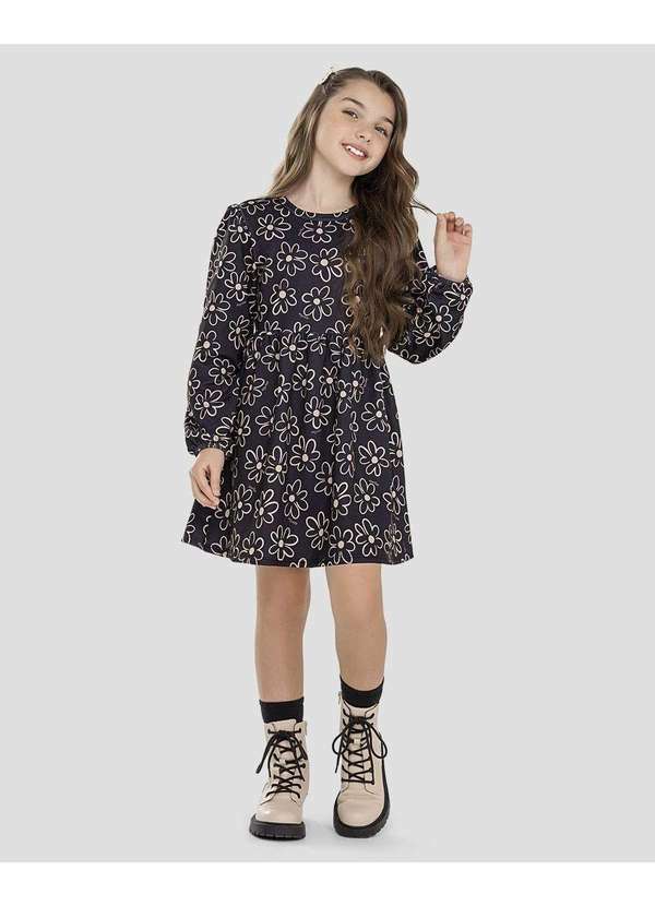Vestido Infantil Manga Longa Estampado em Malha Felpada Preto