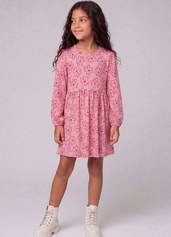 Vestido Infantil Manga Longa Estampado em Malha Felpada Rosa