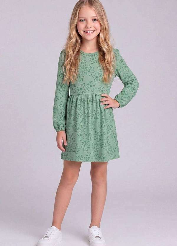 Vestido Infantil Manga Longa Estampado em Malha Felpada Verde