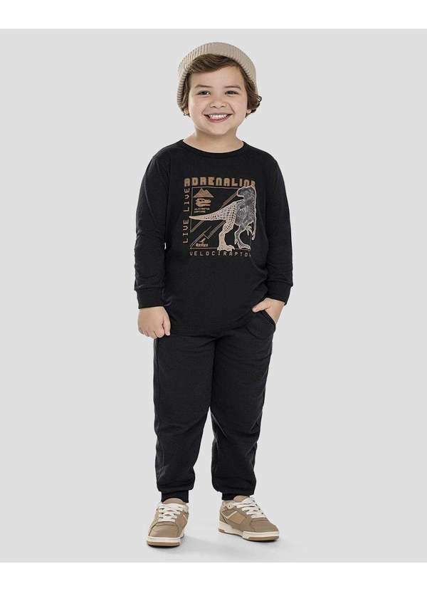 Camiseta Infantil Menino Manga Longa Estampa Dino Preto