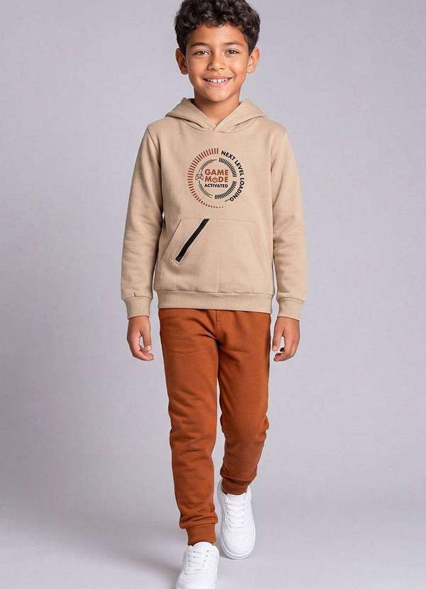 Conjunto Infantil Menino Blusão com Bolso Zíper e Calça Bege