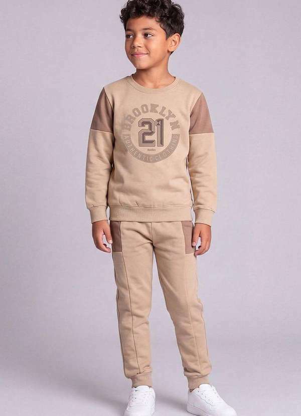 Conjunto Infantil Menino Moletom com Recortes Bege