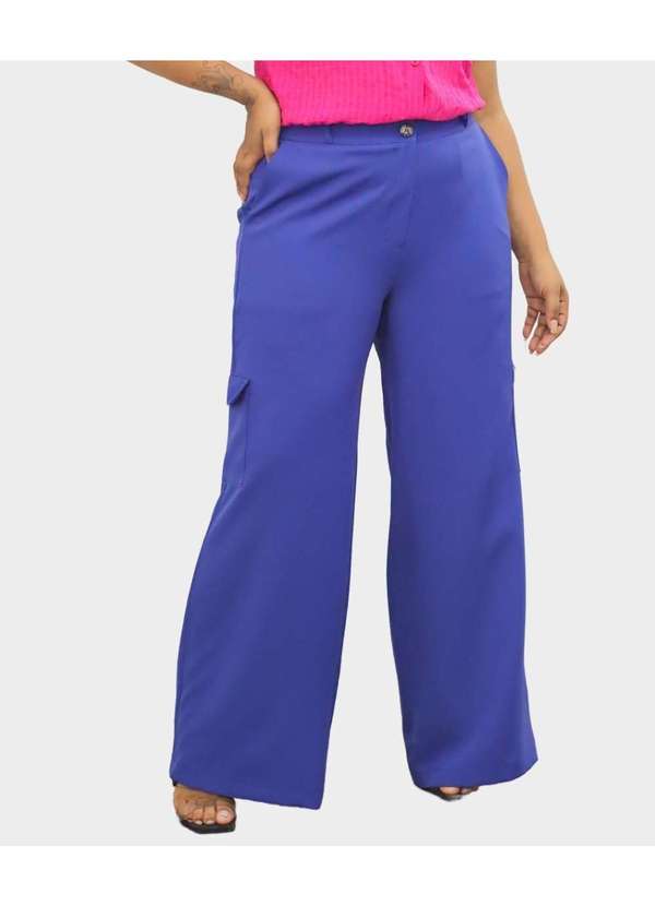 Calça Pantalona Plus Size Bolso Cargo Azul