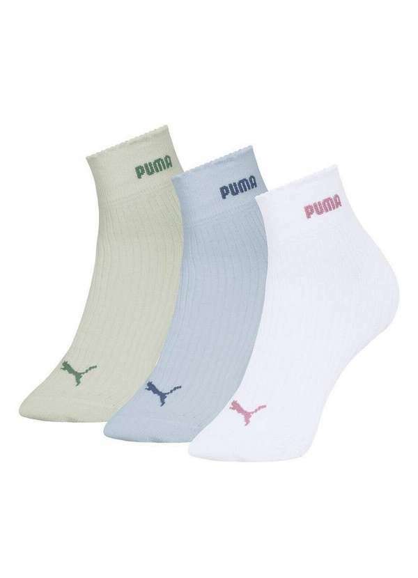 Vista 2 Kit 3 pares de Meias Esportiva Cano Médio Puma 4730-003/001 998-Verde-Água-Azul-Claro-Branco Puma