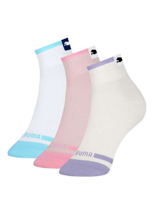 Vista 2 Kit 3 pares de Meias Esportiva Cano Médio Puma 4730-003/001 991-Branco-Rosa-Chá-Off-White Puma