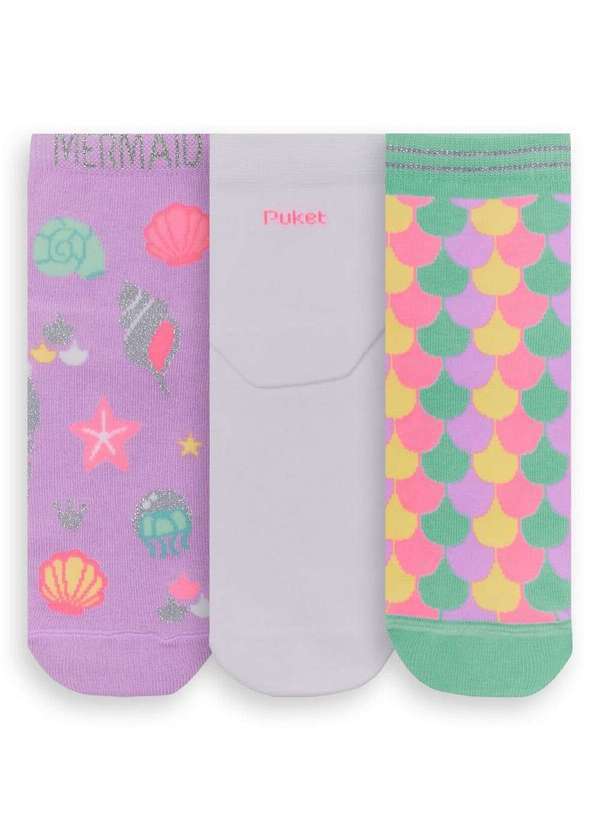 Vista 2 Kit com 3 Meias Cano Médio Puket 7201 5678-100-Lilas-Branco-Verde Puket