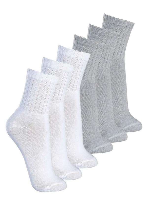 Vista 2 Kit com 6 pares de Meias Esportiva Cano Médio Lupo 3290-009 Branco-Cinza Lupo