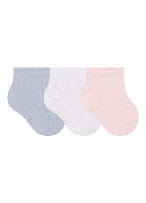 Vista 2 Kit 3 pares de Meias Bebê Cano Curto Selene 1150-001 997-Azul-Branco-Rosa-Chá SELENE