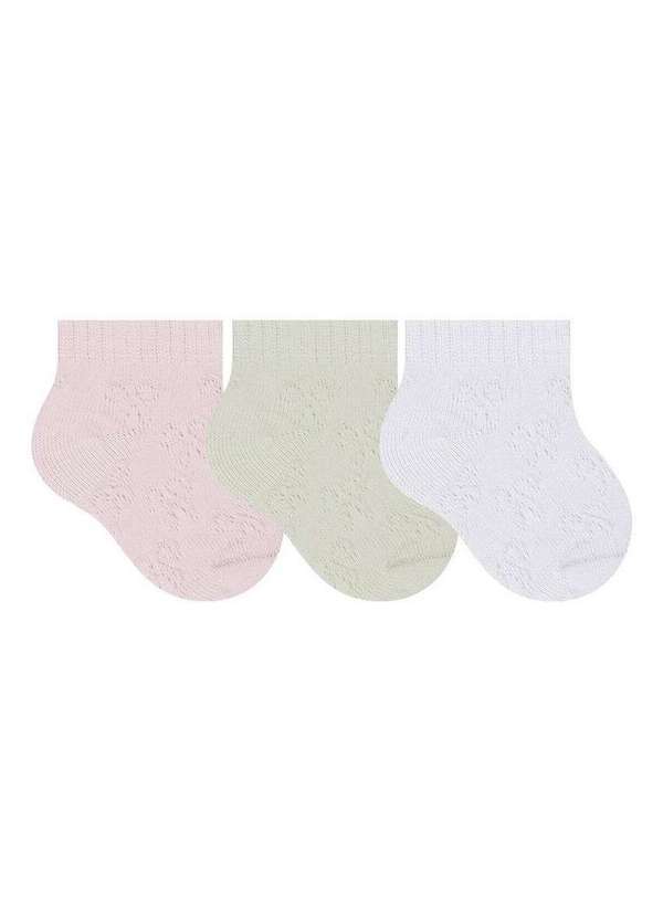 Vista 2 Kit 3 pares de Meias Bebê Cano Curto Selene 1150-001 997-Rosa-Chá-Verde-Água-Branco SELENE