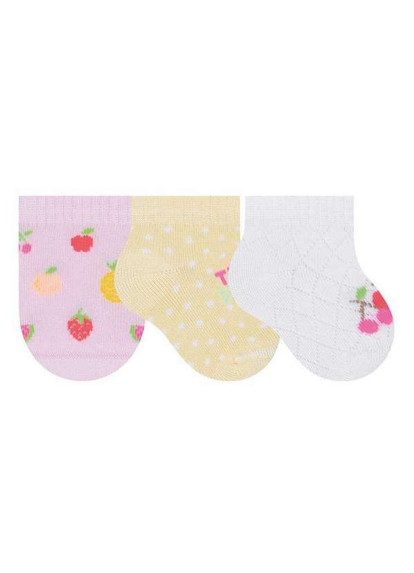 Vista 2 Kit 3 pares de Meias Bebê Cano Curto Selene 1150-001 998-Rosa-Claro-Amarelo-Bebê-Branco SELENE