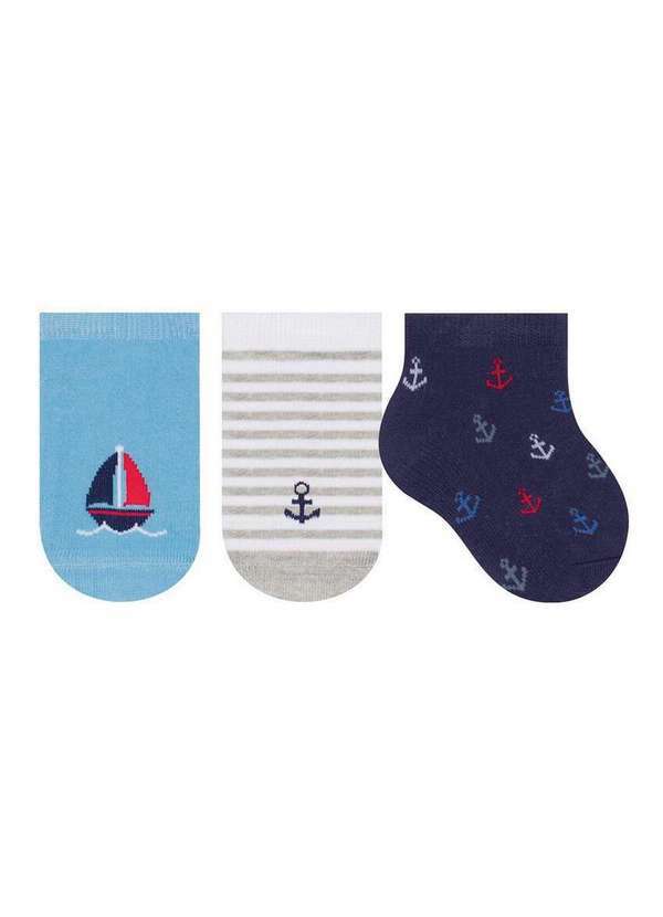 Vista 2 Kit 3 pares de Meias Bebê Cano Curto Selene 1360-002 997-Azul-Branco-Marinho SELENE