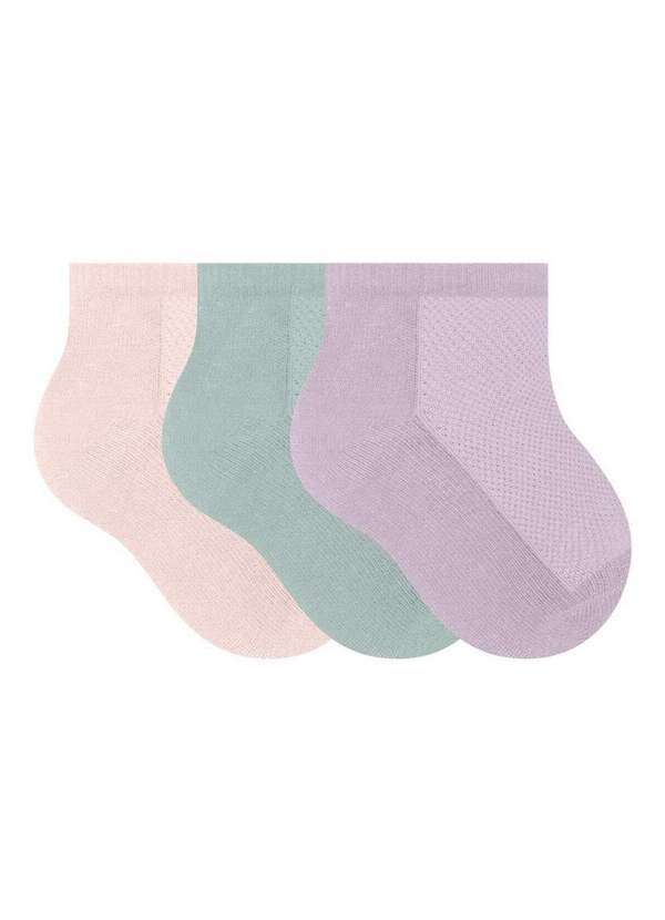 Kit 3 pares de Meias Infantil Cano Curto Selene 1940-001 998-Rosa-Chá-Verde-Chá-Lilás-Claro