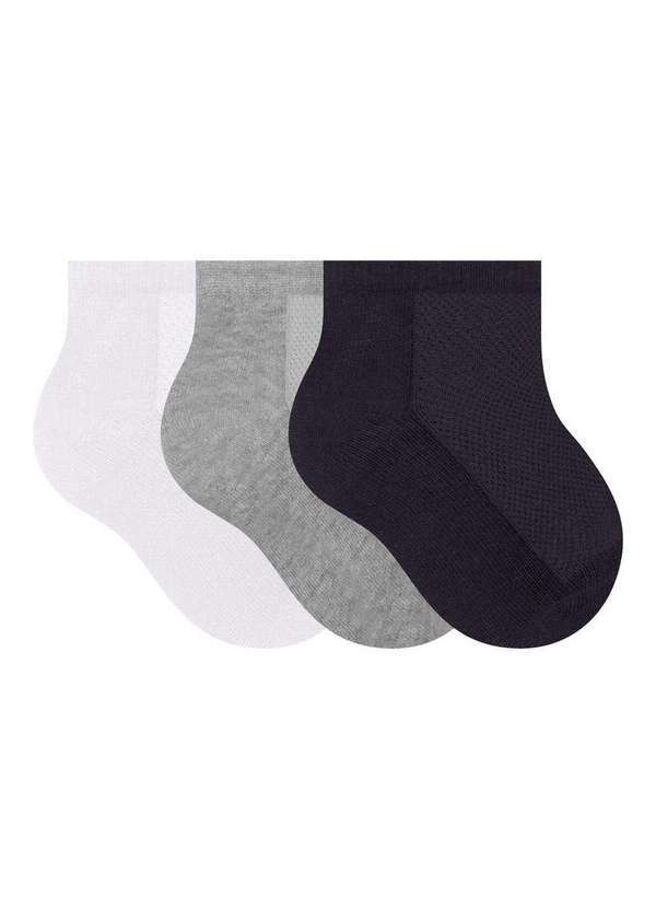 Vista 2 Kit 3 pares de Meias Bebê Cano Curto Selene 1940-001 999-Branco-Cinza-Mescla-Preto SELENE