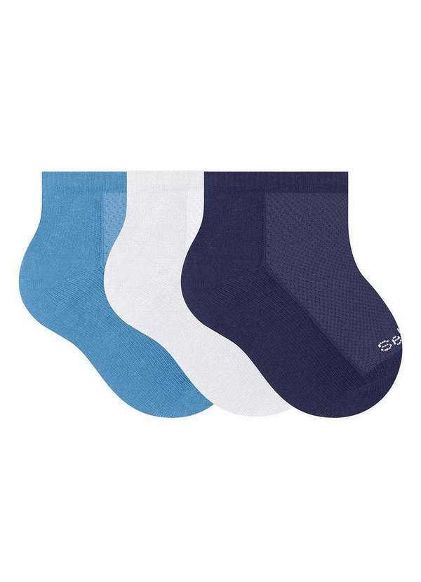 Vista 2 Kit 3 pares de Meias Bebê Cano Curto Selene 1940-001 995-Azul-Branco-Marinho SELENE