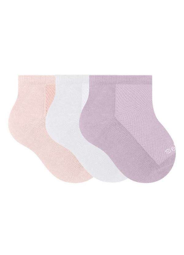 Vista 2 Kit 3 pares de Meias Bebê Cano Curto Selene 1940-001 996-Rosa-Chá-Branco-Lilás-Claro SELENE