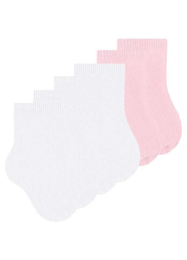 Vista 2 Kit 6 pares de Meias Infantil Cano Médio Selene 1355-001 Branco-Rosa SELENE