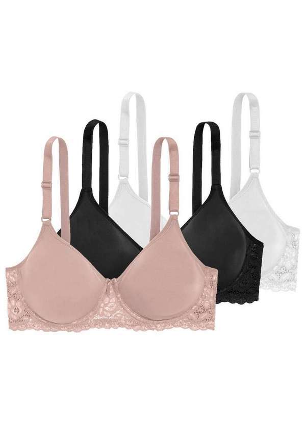 Kit com 3 Sutiãs com Aro e sem Bojo Triumph Brigitte 24785 Taça B Mink-Preto-Branco