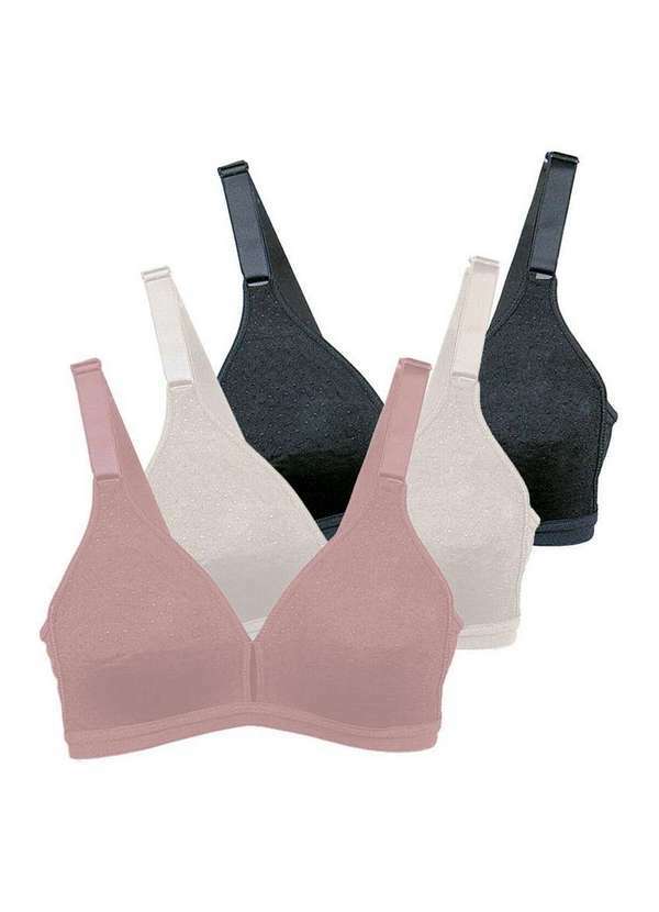 Vista 2 Kit com 3 Sutiãs sem Aro e sem Bojo Olimpo Demillus 61019 Bege-Rosado-Pérola-Preto