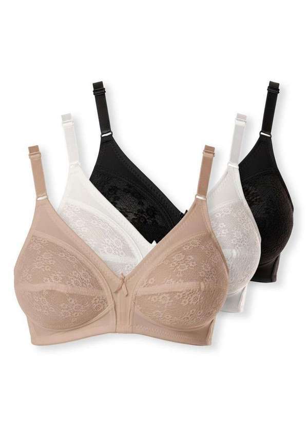 Vista 2 Kit com 3 Sutiãs Sustentação Colonial Demillus 61383/78383 Taça B Bege-Rosado-Branco-Preto Demillus