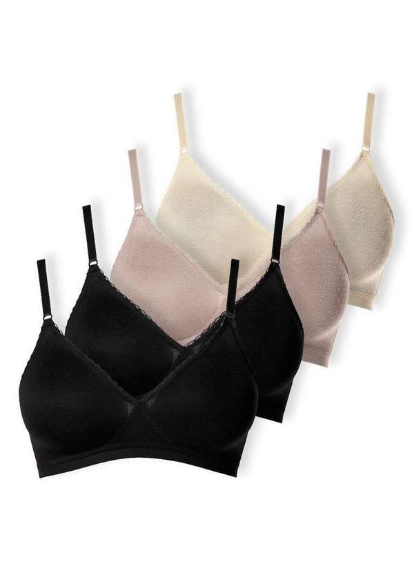 Vista 2 Kit com 4 Sutiãs sem Aro e sem Bojo Poás Demillus 61411 Preto-Bege-Rosado-Pérola