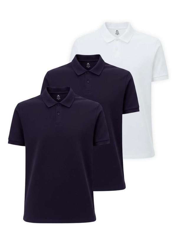 Vista 2 Kit com 3 Camisetas Polo Masculina Hering N3a7 Marinho-Branco Hering