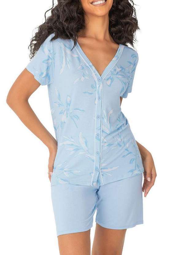Vista 2 Pijama Feminino Curto com Abertura Malwee 1000122432 Dm29a-Azul Malwee