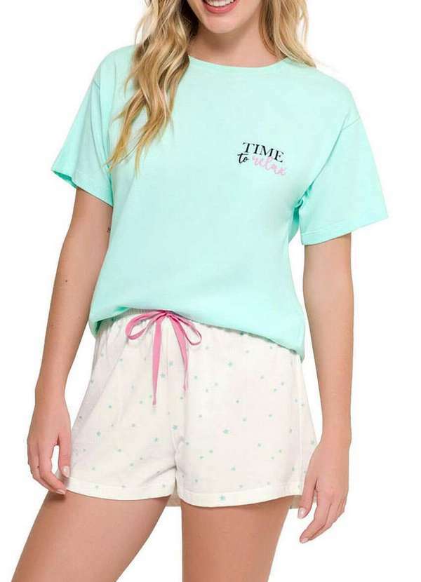 Vista 2 Pijama Feminino Curto Espaço Pijama 4010213 Verde-Off-White Espaço Pijama