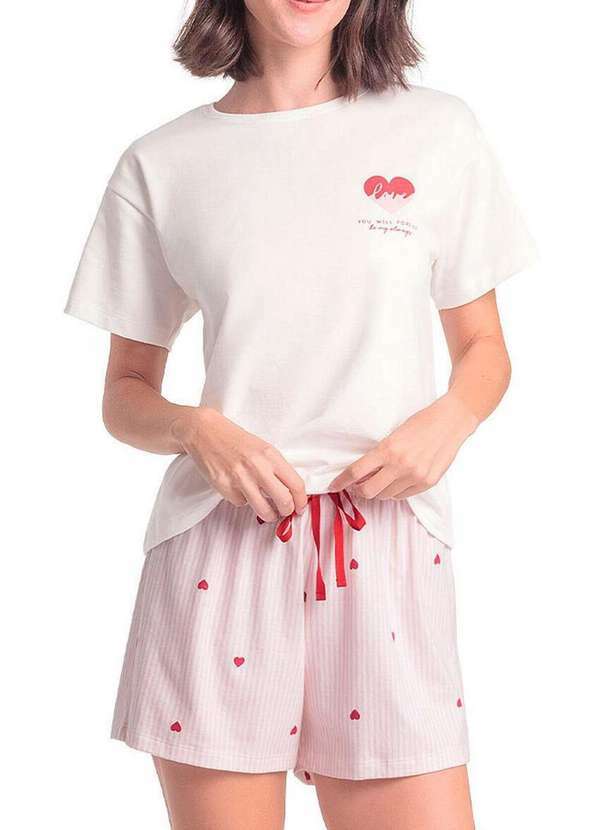 Vista 2 Pijama Feminino Curto Espaço Pijama 4010306 Off-White-Rosa Espaço Pijama