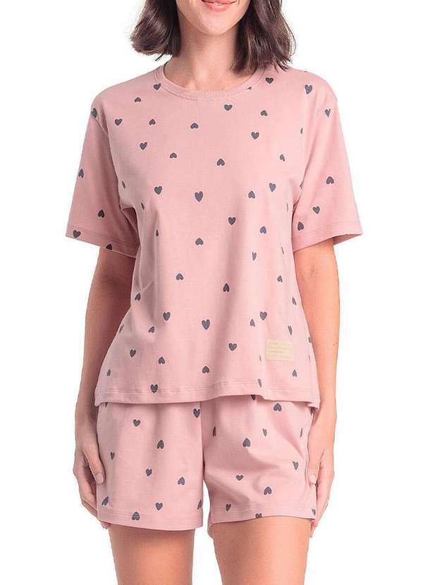 Vista 2 Pijama Feminino Curto Espaço Pijama 4010347 Rosê-Corações Espaço Pijama