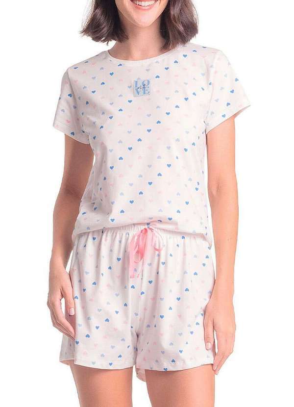 Vista 2 Pijama Feminino Curto Espaço Pijama 4010352 Off-White-Corações Espaço Pijama